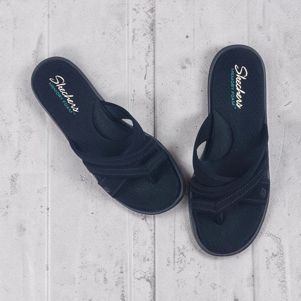 Skechers Womens Black Memory Foam Wedge Sandals Platform Slides Size 8.5